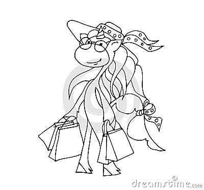 Cute fabulous unicorn with outlined for coloring book isolated on a white background. Unicorns in a hat with purchases in hands. W Vector Illustration